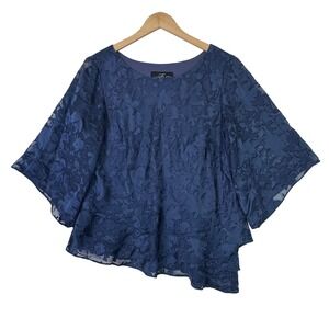 Alex Evenings Navy Blue Lace Tiered Ruffle Overlay Flutter Sleeve Top Size Large